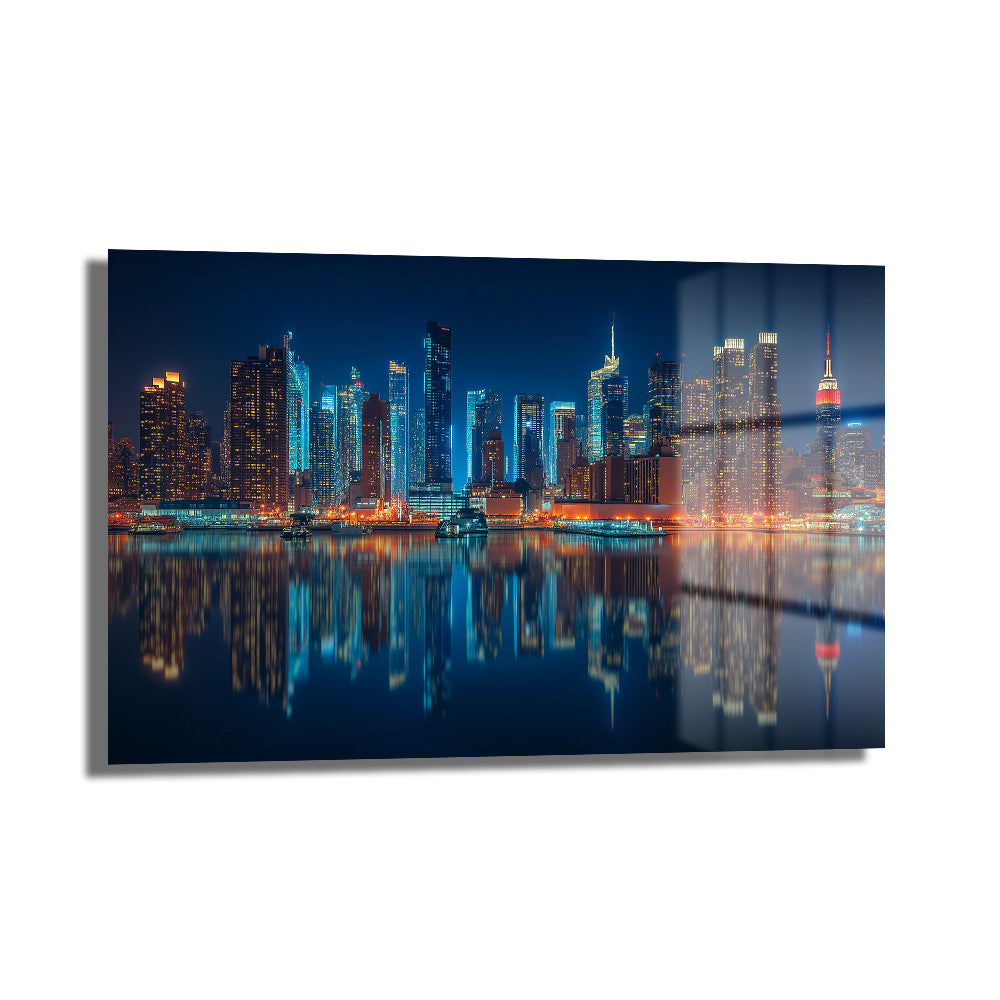 New York Işıkları: Gece Şehir Manzarası Modern Cam Tablo