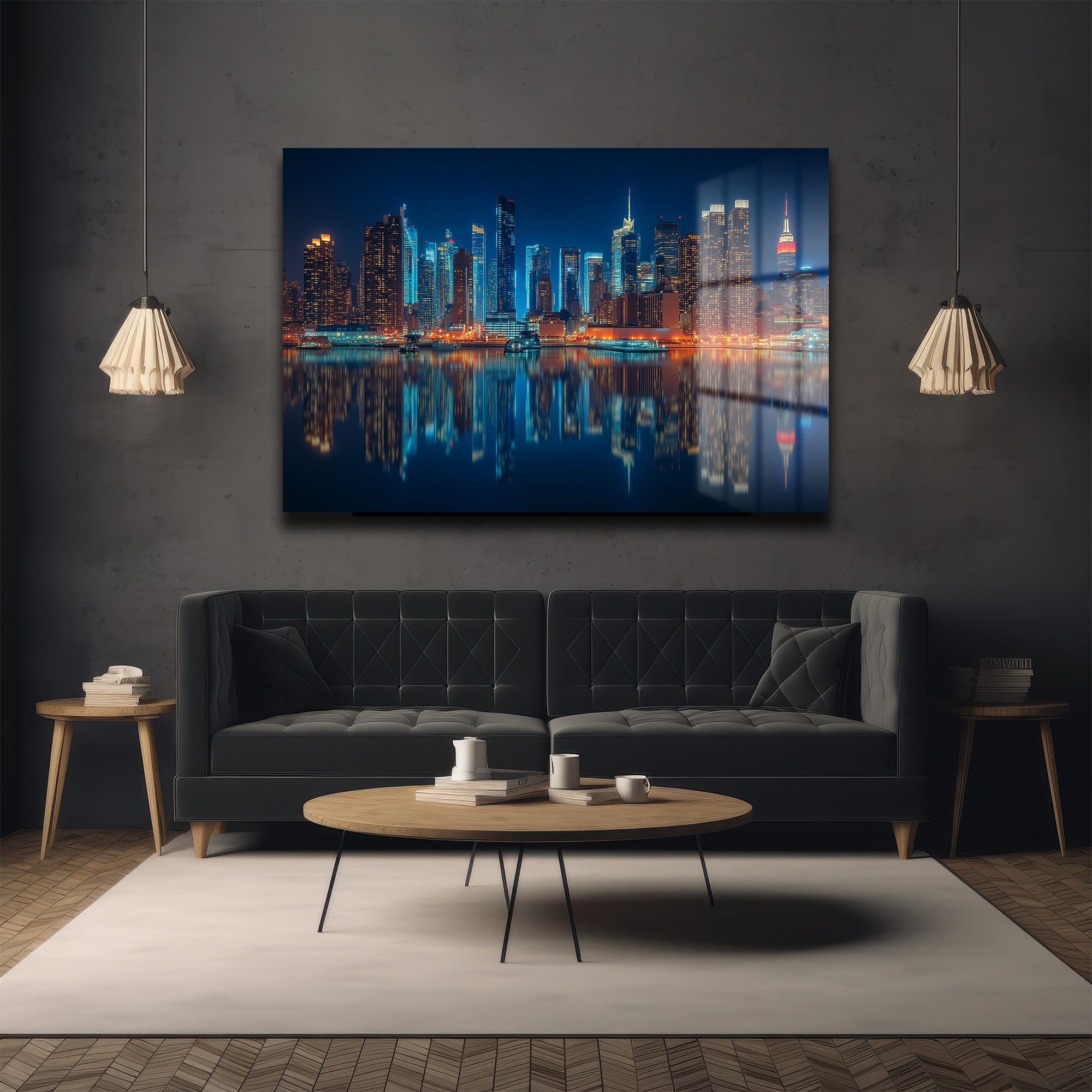 New York Işıkları: Gece Şehir Manzarası Modern Cam Tablo