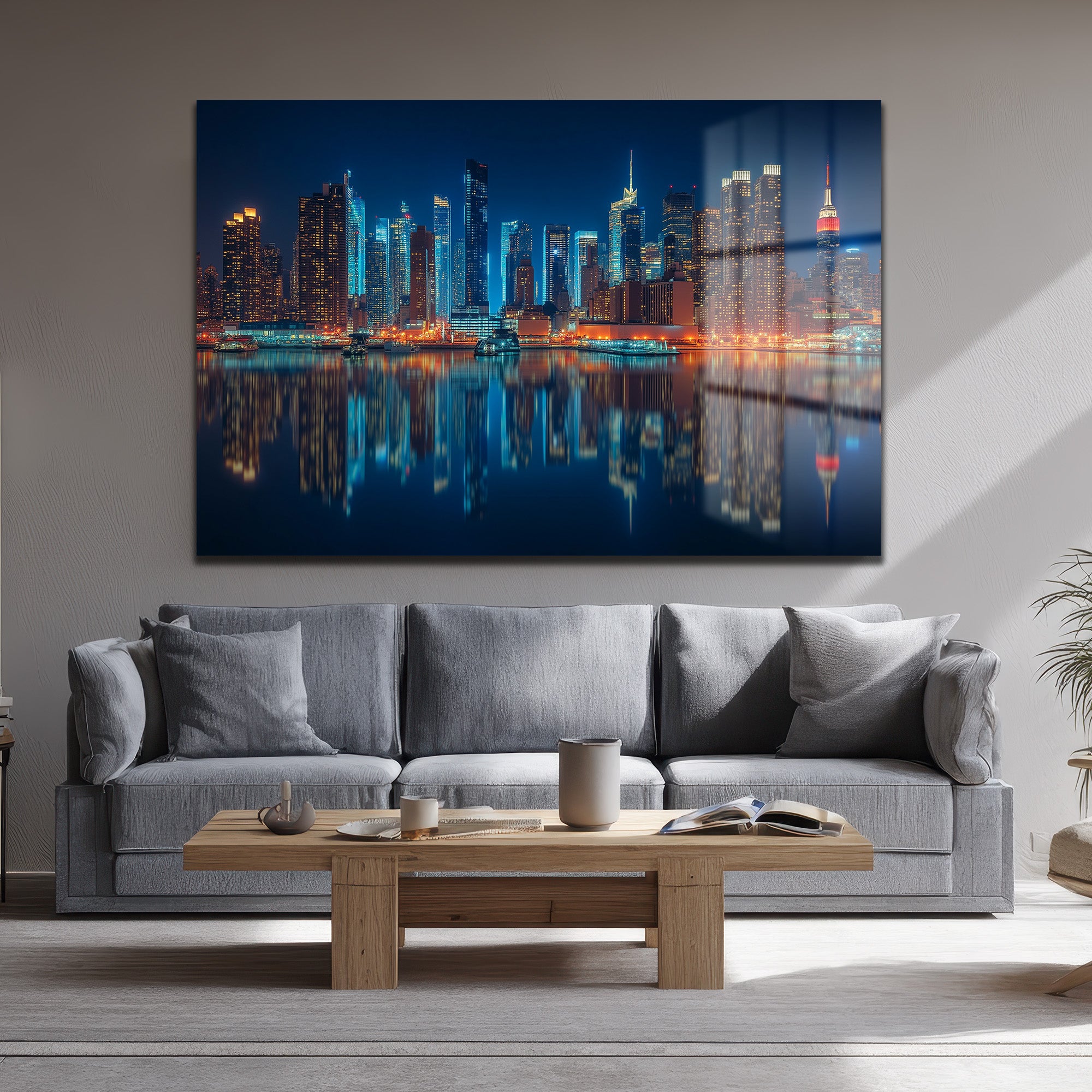 New York Işıkları: Gece Şehir Manzarası Modern Cam Tablo