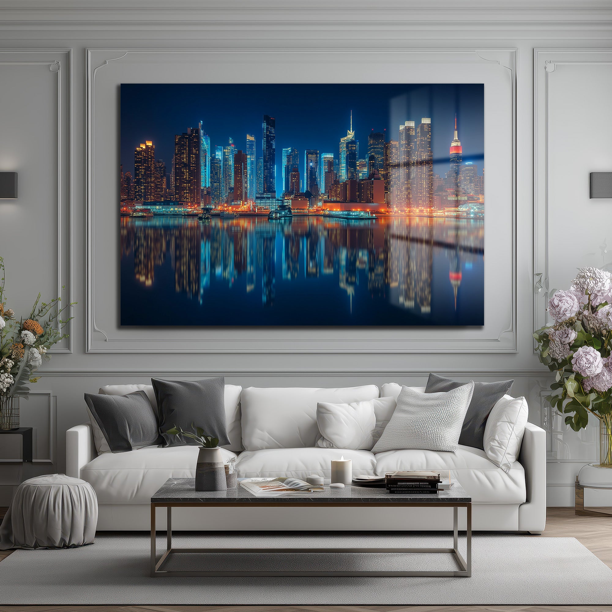 New York Işıkları: Gece Şehir Manzarası Modern Cam Tablo