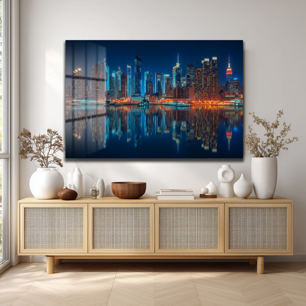 New York Işıkları: Gece Şehir Manzarası Modern Cam Tablo