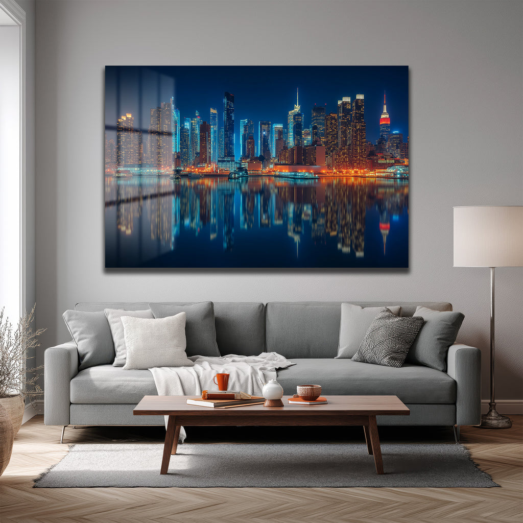 New York Işıkları: Gece Şehir Manzarası Modern Cam Tablo