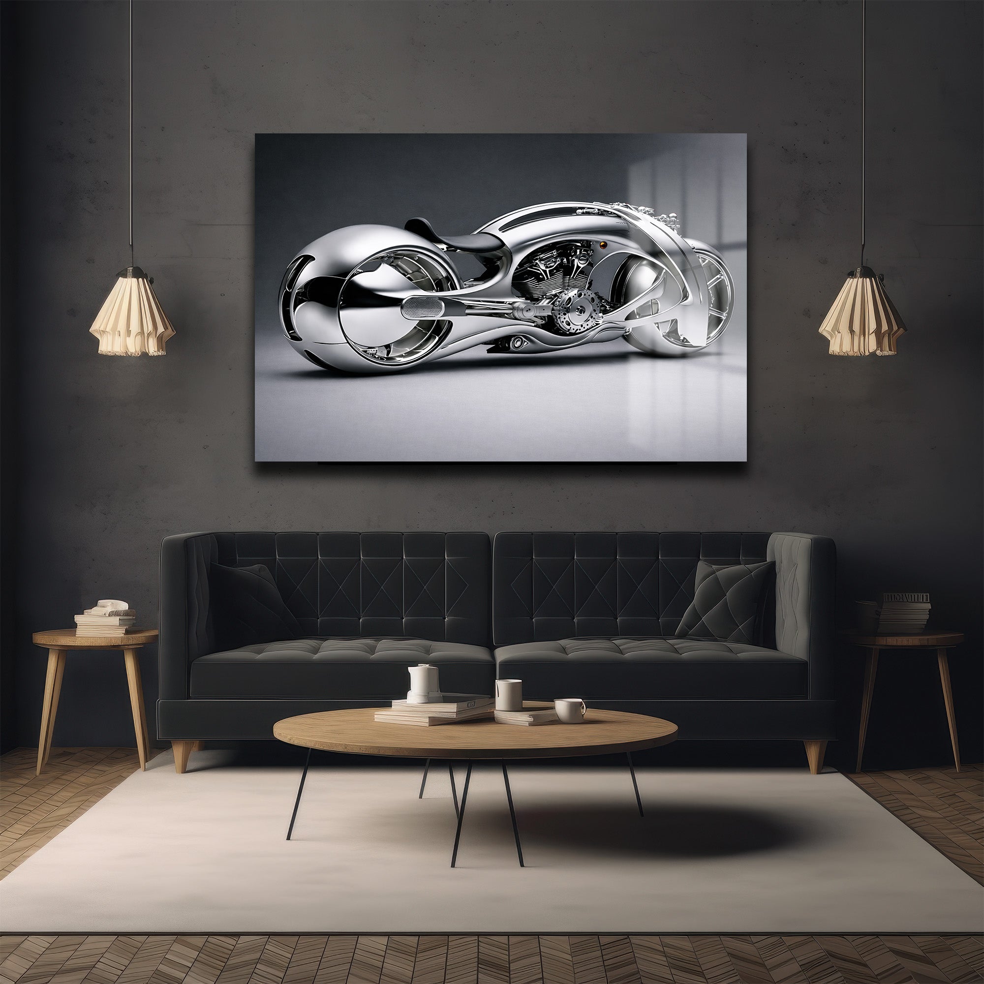 Fütüristik Krom Motosiklet Cam Tablo: Modern Sanat ve Hızın Buluştuğu Duvar Dekoru