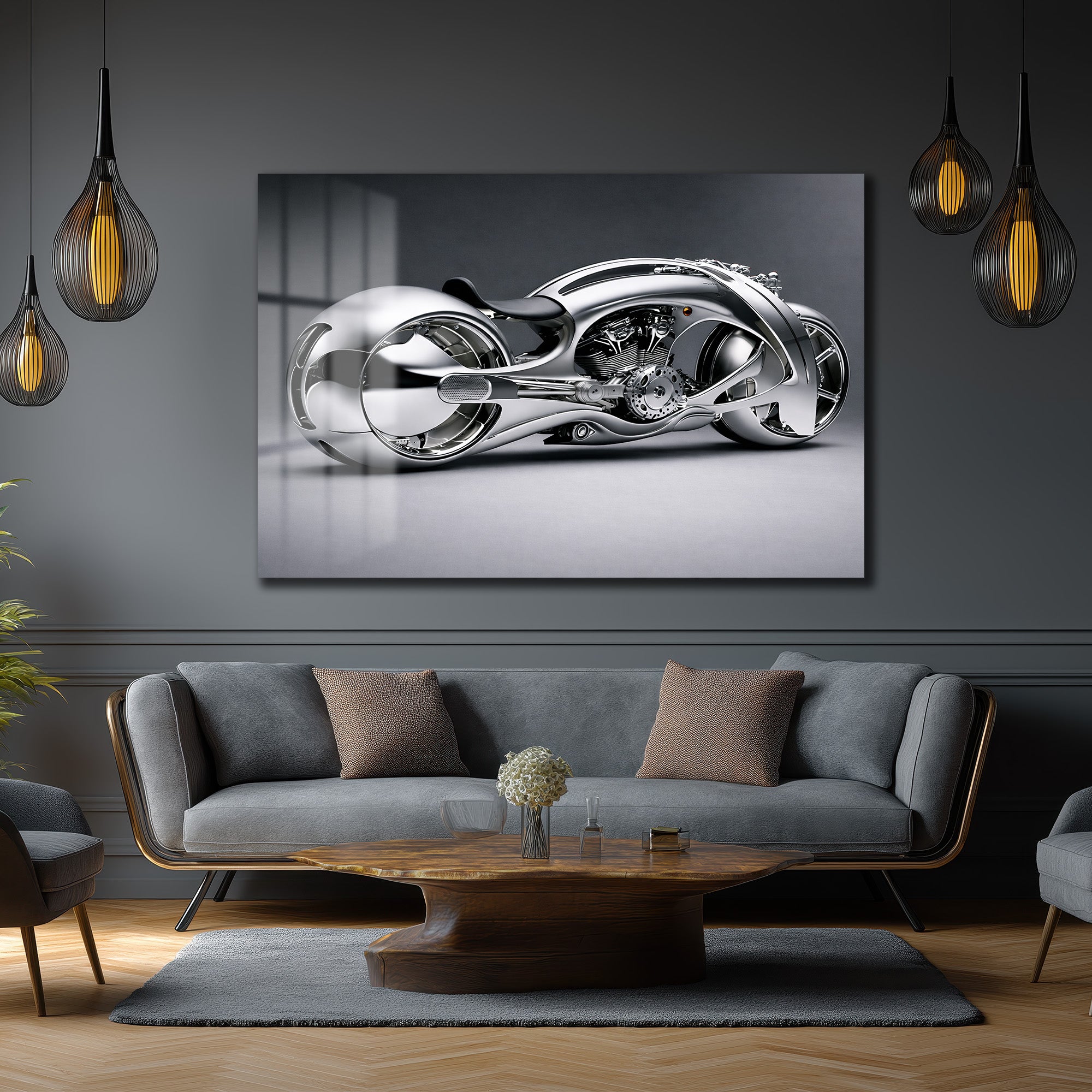 Fütüristik Krom Motosiklet Cam Tablo: Modern Sanat ve Hızın Buluştuğu Duvar Dekoru