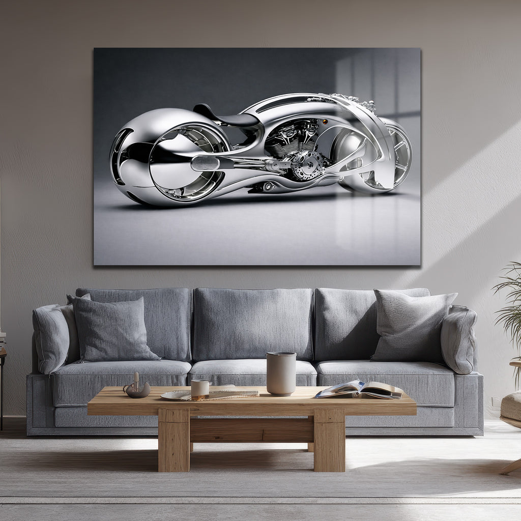 Fütüristik Krom Motosiklet Cam Tablo: Modern Sanat ve Hızın Buluştuğu Duvar Dekoru