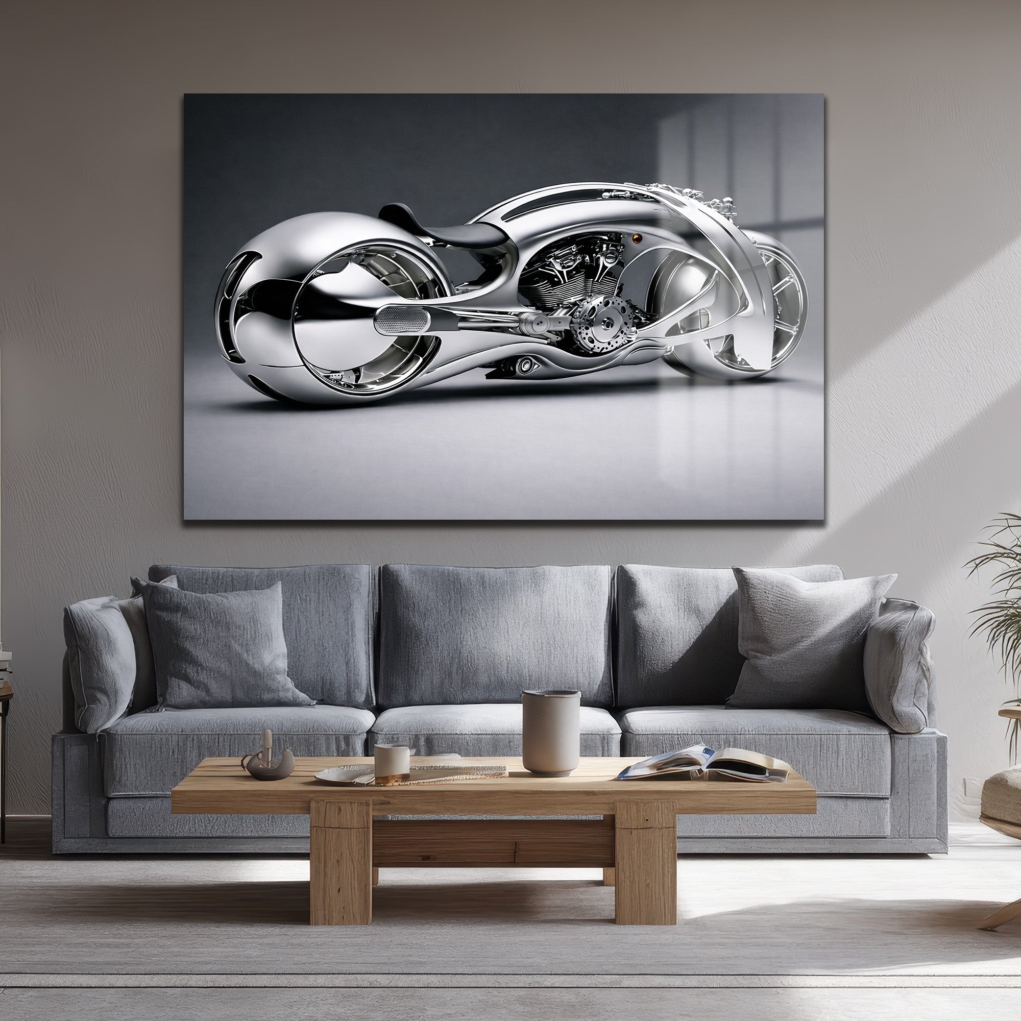 Fütüristik Krom Motosiklet Cam Tablo: Modern Sanat ve Hızın Buluştuğu Duvar Dekoru