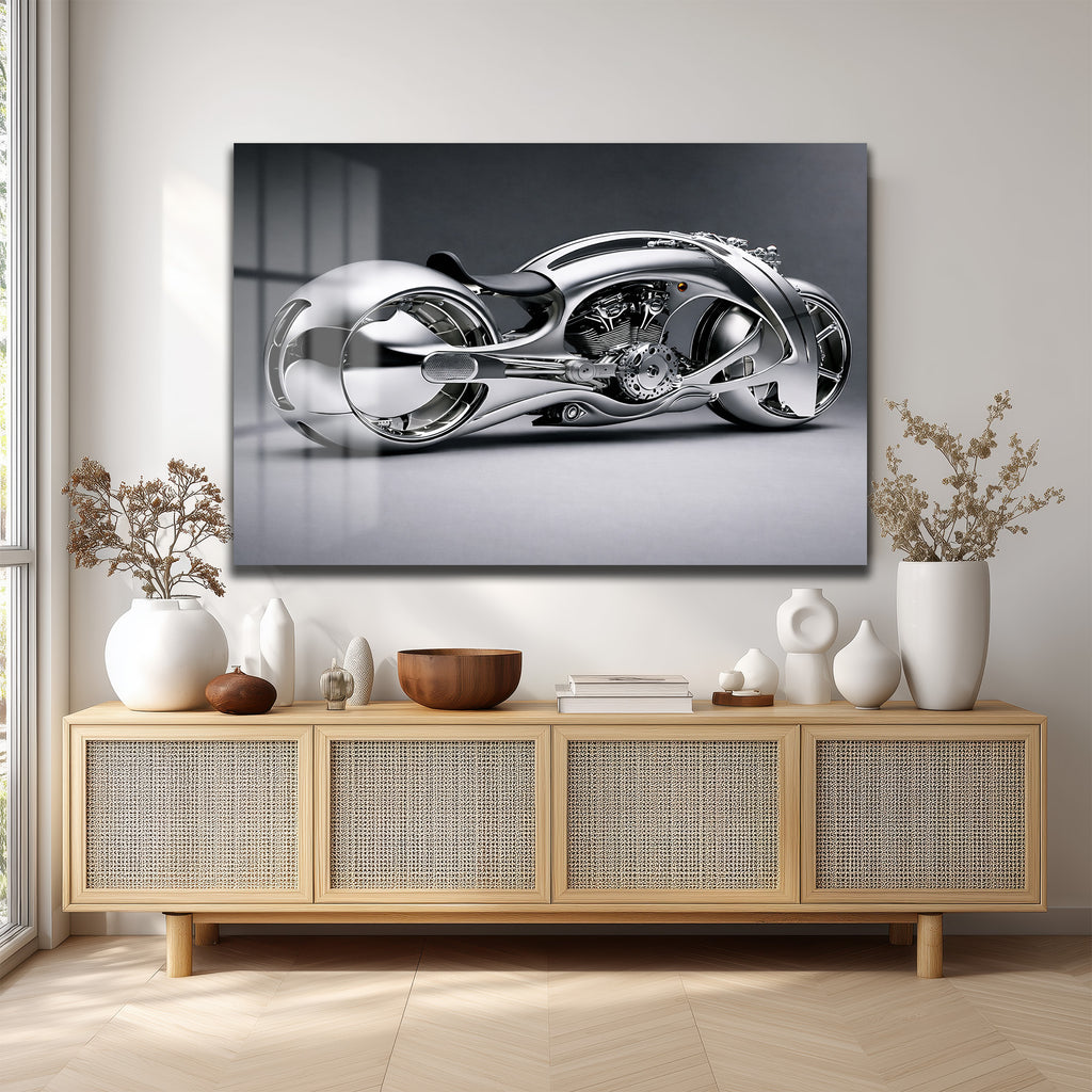 Fütüristik Krom Motosiklet Cam Tablo: Modern Sanat ve Hızın Buluştuğu Duvar Dekoru