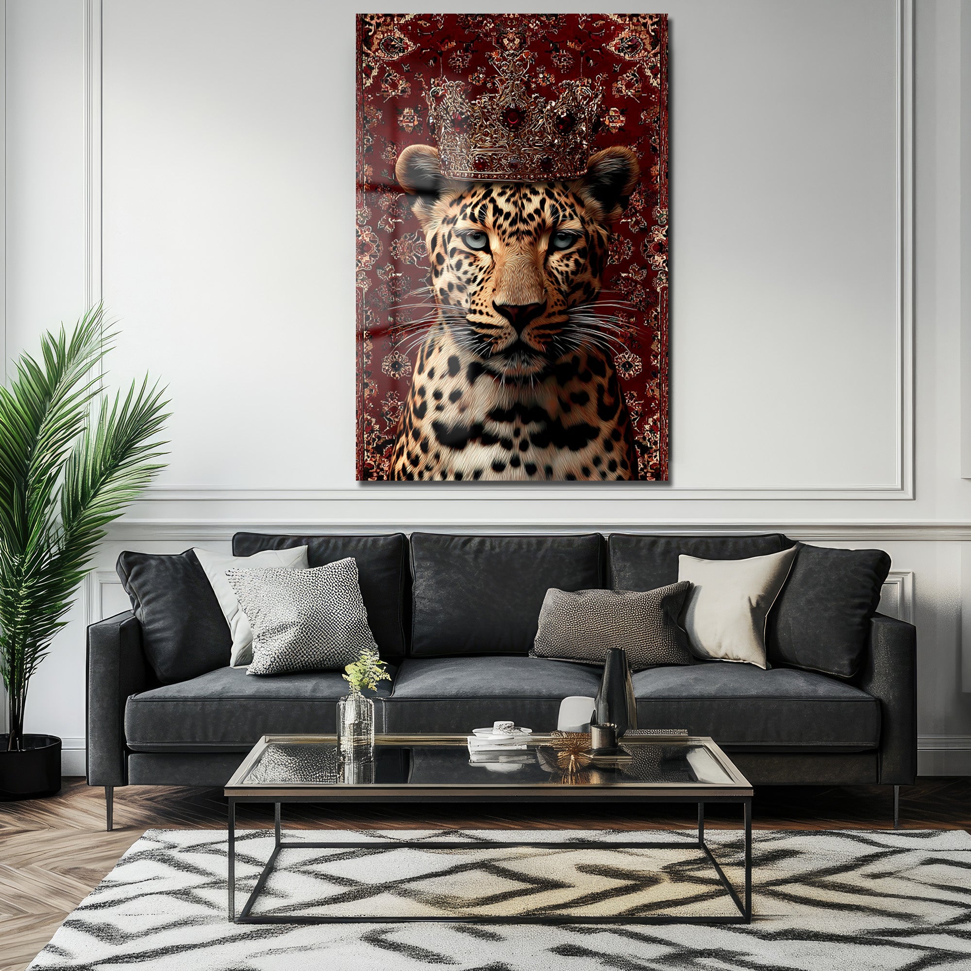Asil İhtişam: Taçlı Leopar Temalı Dekoratif Cam Tablo