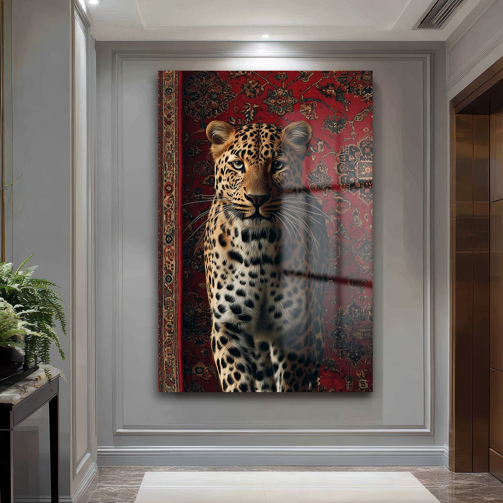 Asil Leopar ve Kırmızı Halı: Modern Dekoratif Temperli Cam Tablo