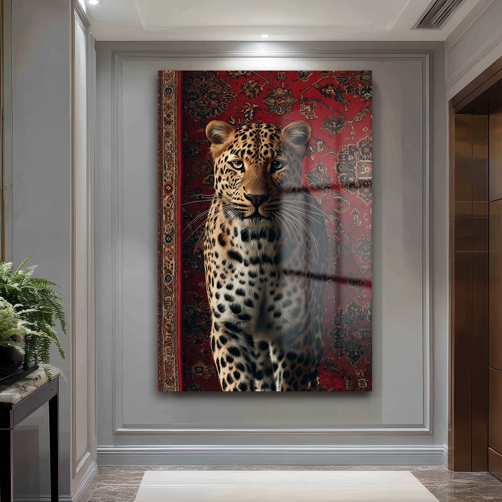 Asil Leopar ve Kırmızı Halı: Modern Dekoratif Temperli Cam Tablo