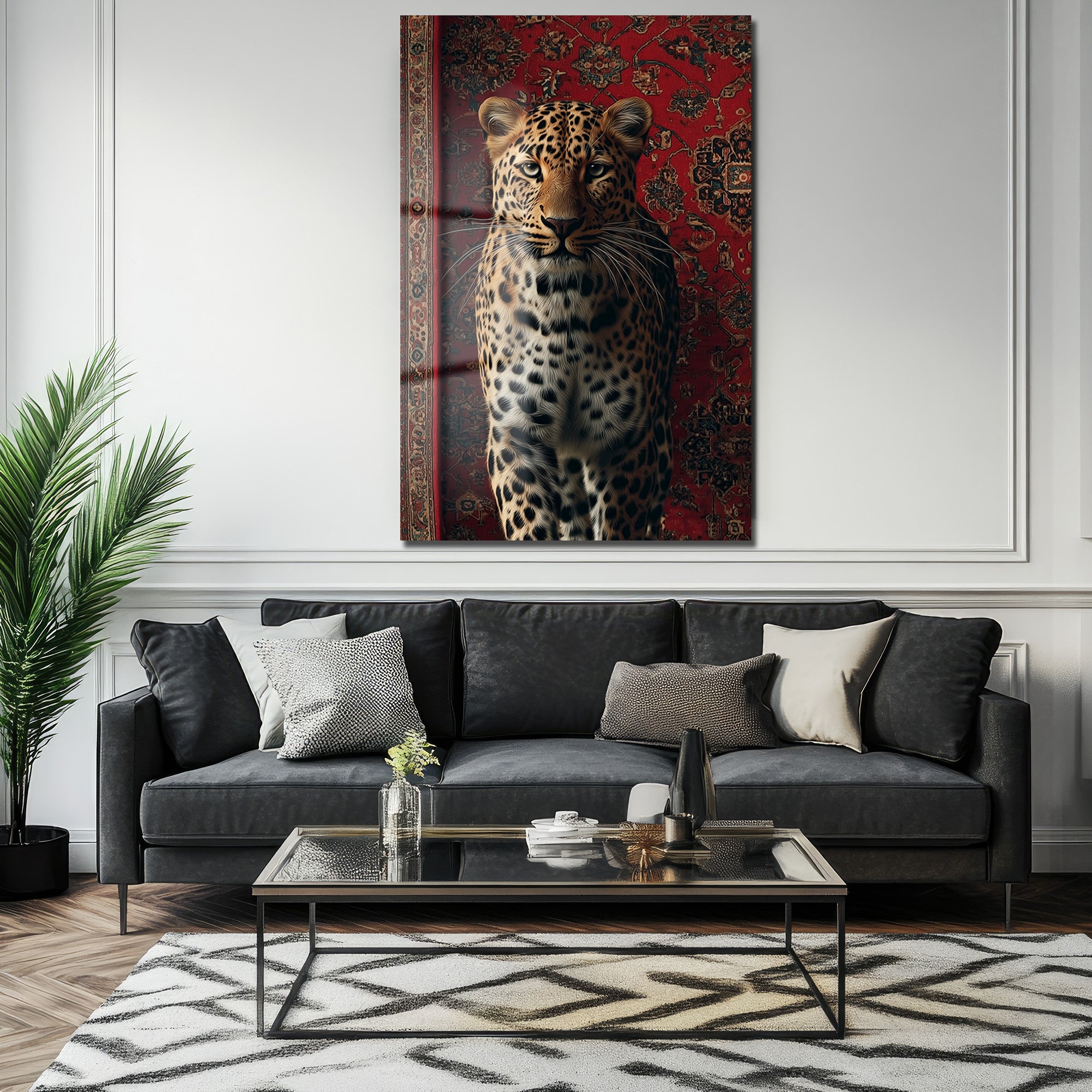 Asil Leopar ve Kırmızı Halı: Modern Dekoratif Temperli Cam Tablo