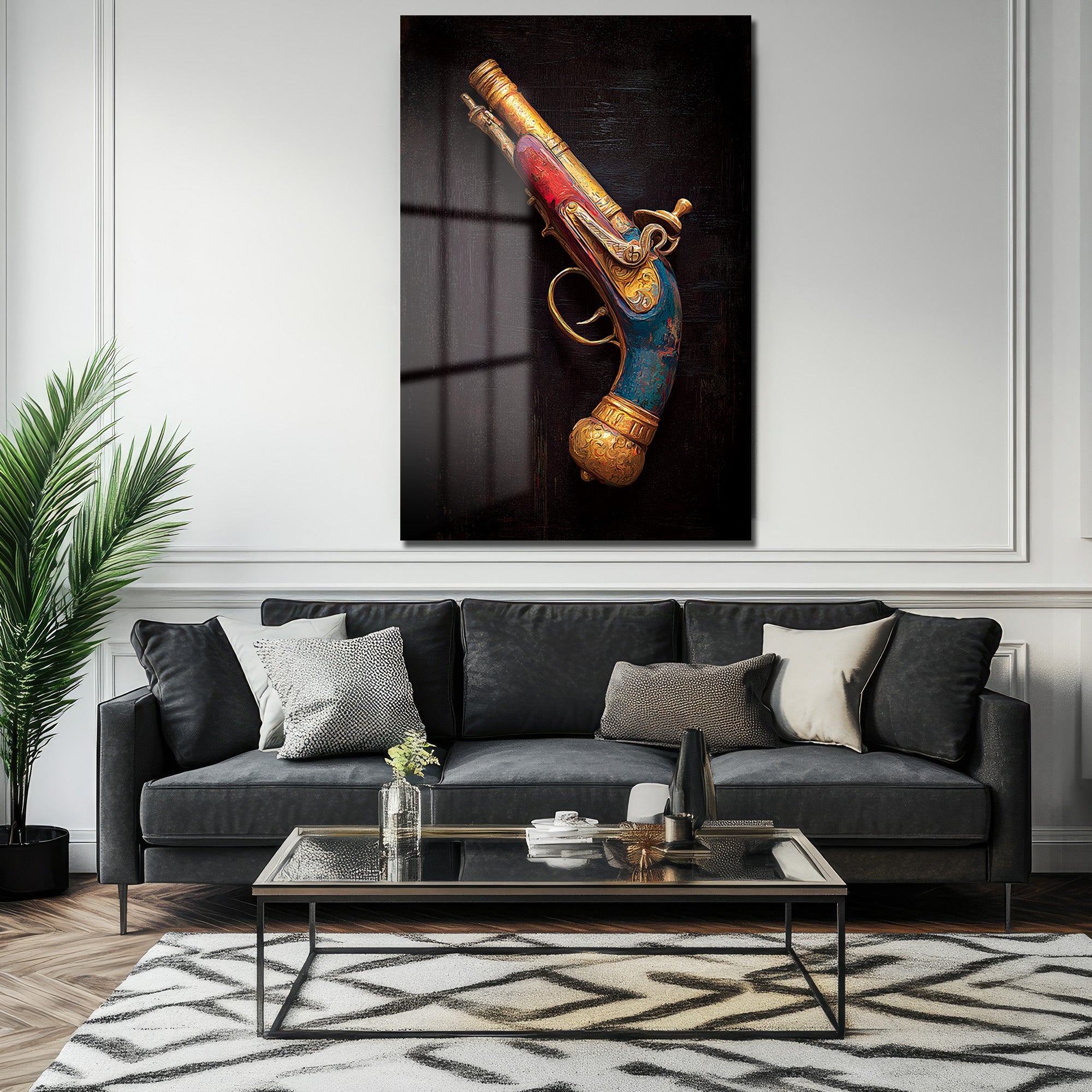 Asil Miras: Altın İşlemeli Antik Tabanca Sanat Cam Tablosu