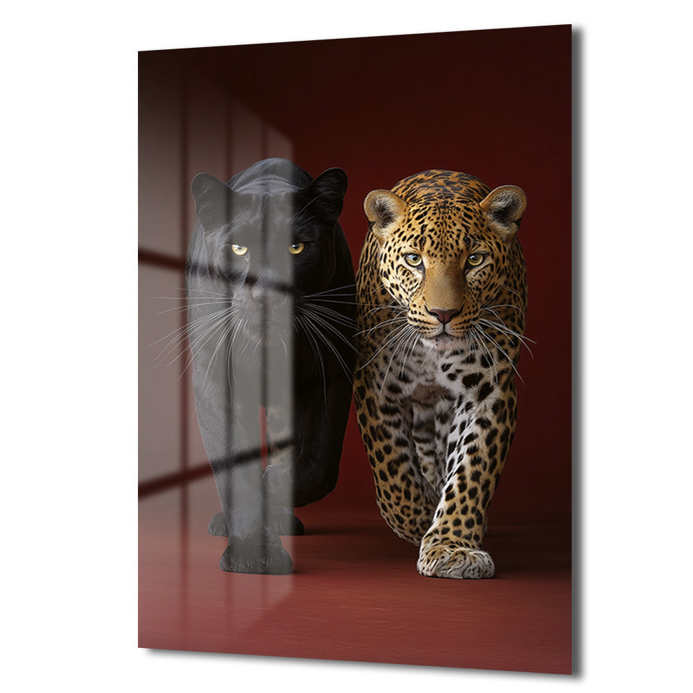 Vahşi Zarafet: Kara Panter ve Leopar Temperli Cam Tablo