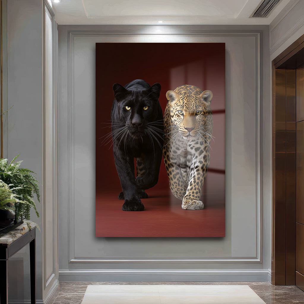 Vahşi Zarafet: Kara Panter ve Leopar Temperli Cam Tablo
