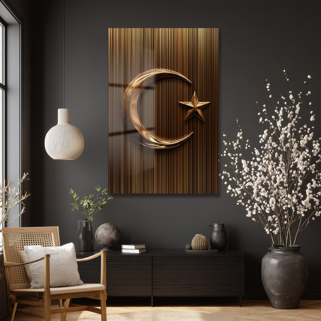 Altın Hilal ve Yıldız: Manevi Dokunuşlu Modern Cam Tablo