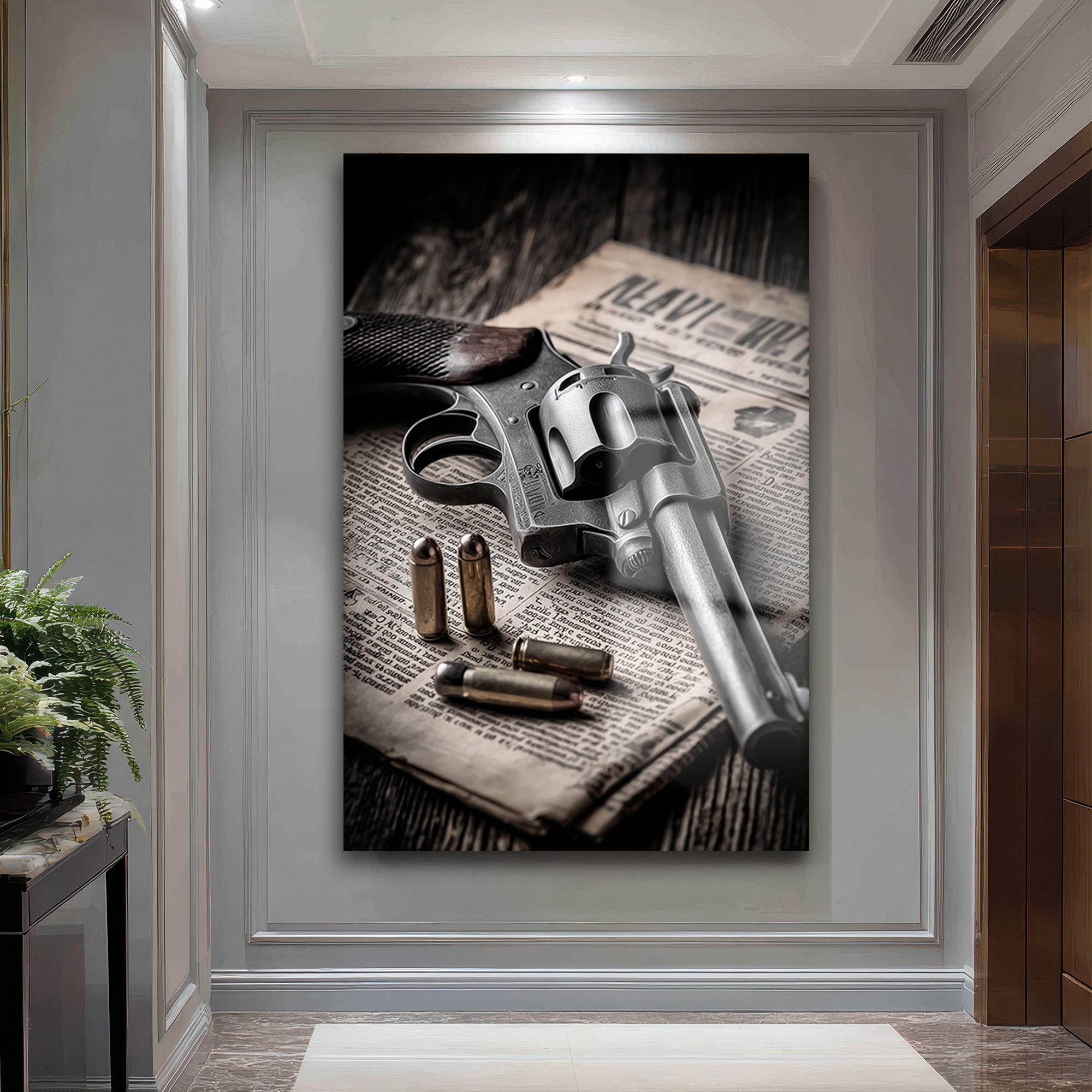 Zamanın İzleri: Revolver ve Gazete Temalı Dekoratif Cam Tablo