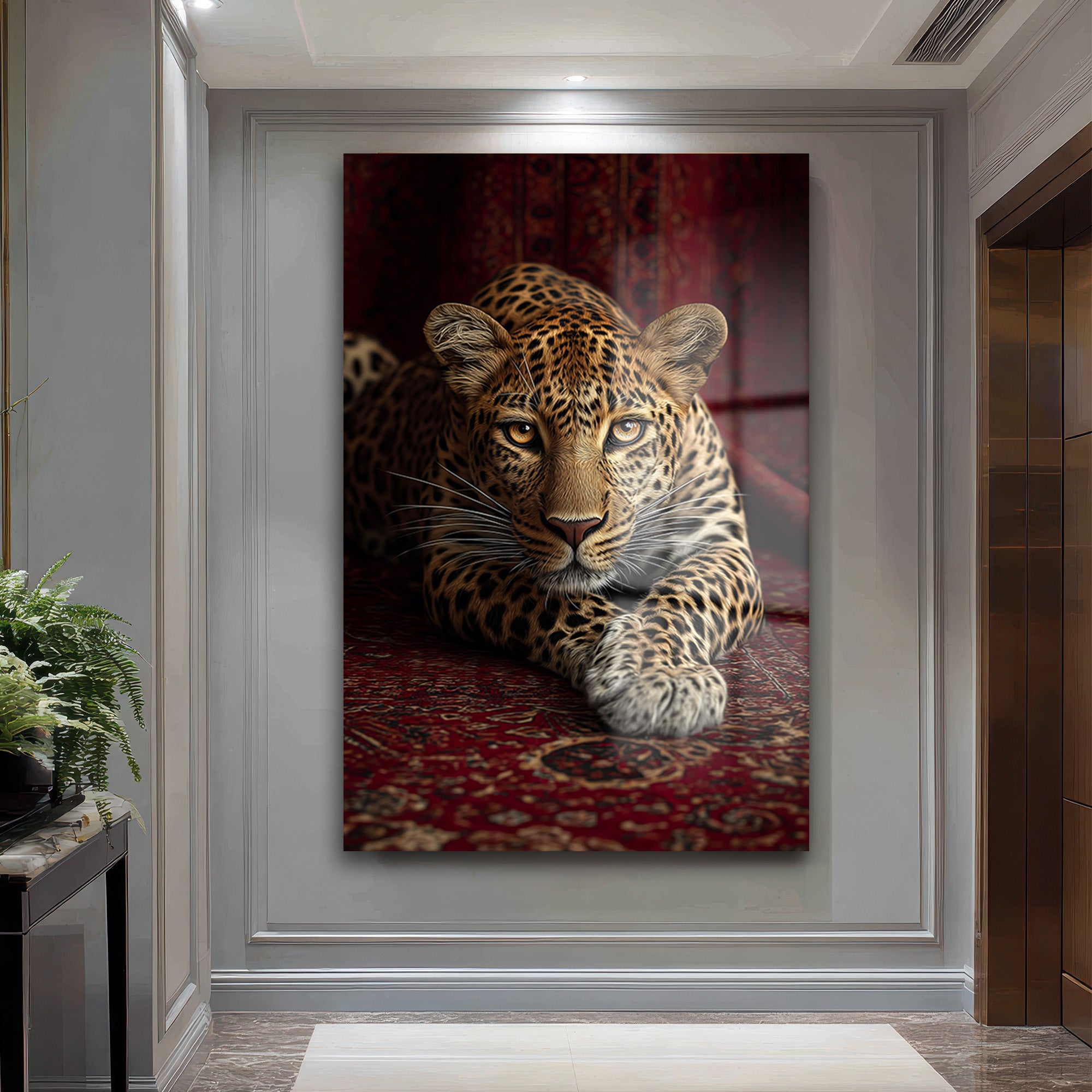 Gizemli Bakış: Asil Leopar Desenli Temperli Cam Tablo