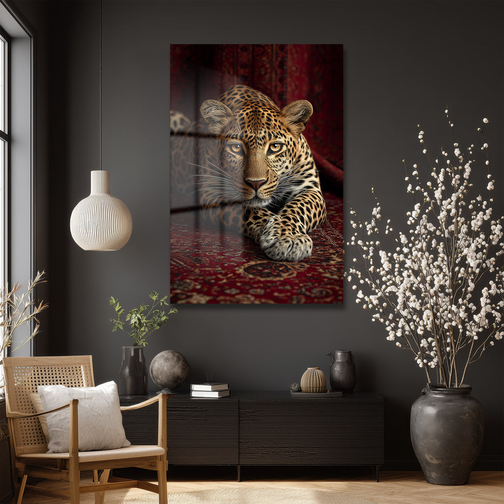 Gizemli Bakış: Asil Leopar Desenli Temperli Cam Tablo