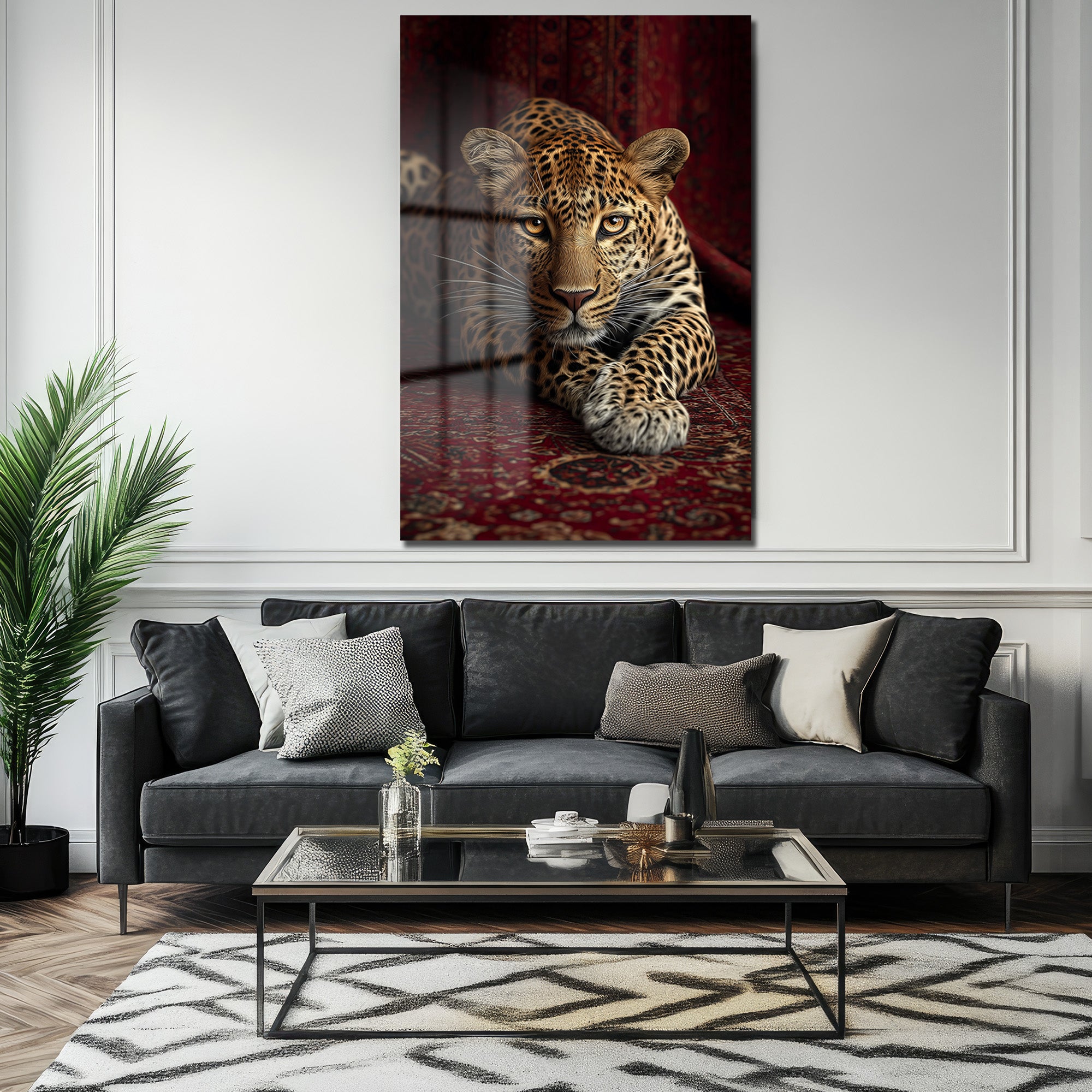 Gizemli Bakış: Asil Leopar Desenli Temperli Cam Tablo