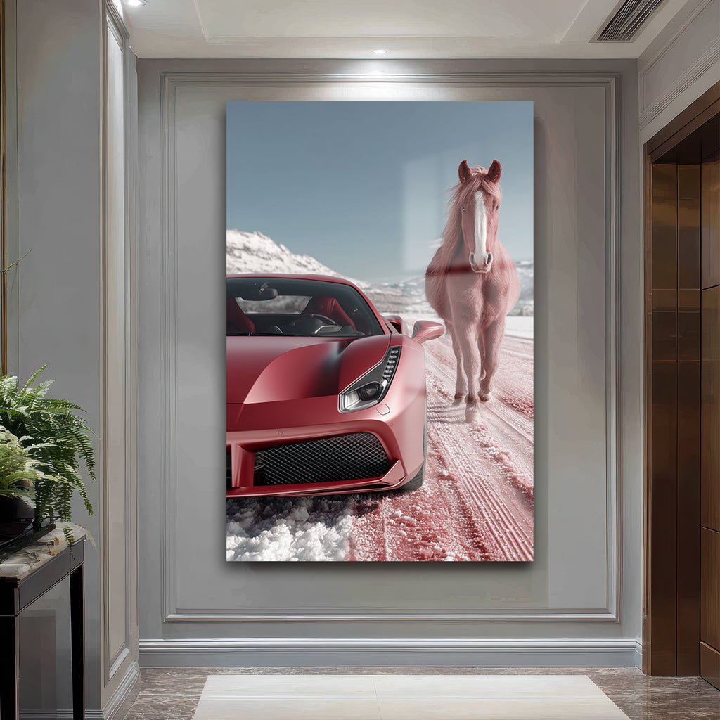 Kızıl Rüyalar: Ferrari ve Atın Büyülü Karşılaşması Temperli Cam Tablo
