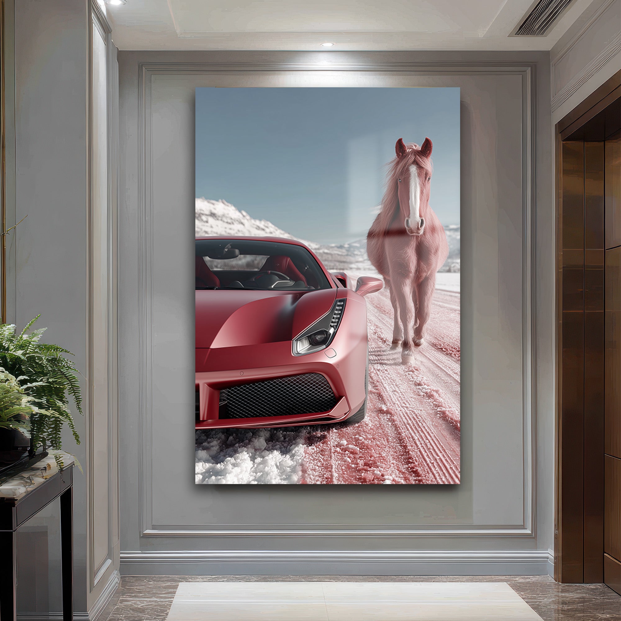 Kızıl Rüyalar: Ferrari ve Atın Büyülü Karşılaşması Temperli Cam Tablo