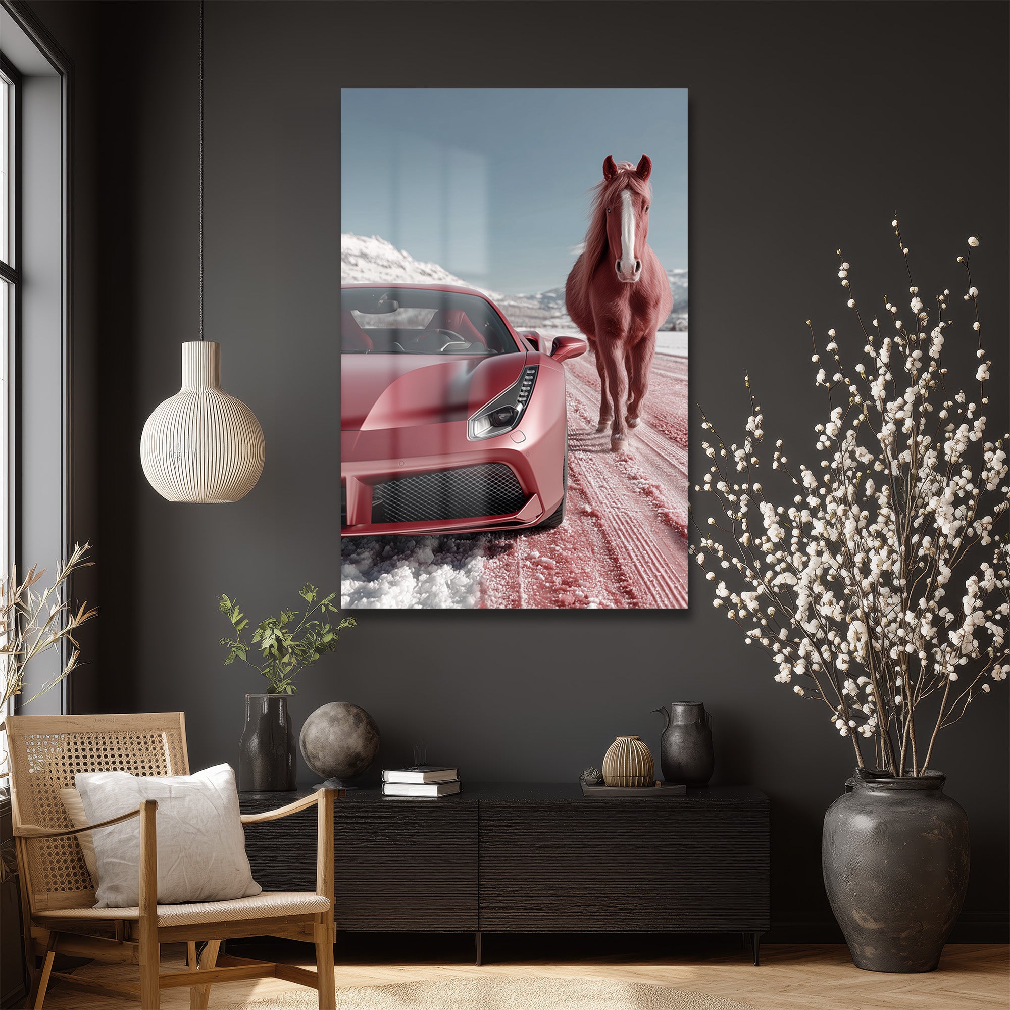 Kızıl Rüyalar: Ferrari ve Atın Büyülü Karşılaşması Temperli Cam Tablo