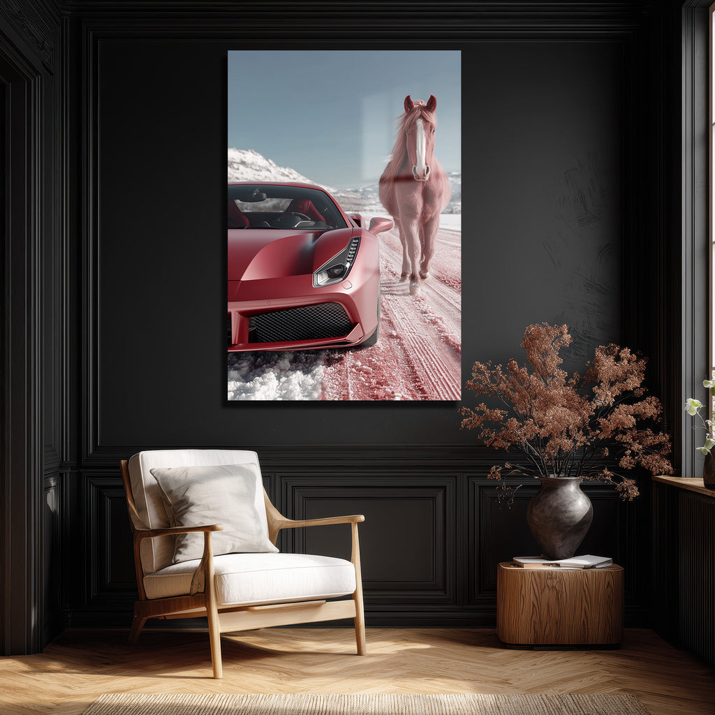 Kızıl Rüyalar: Ferrari ve Atın Büyülü Karşılaşması Temperli Cam Tablo