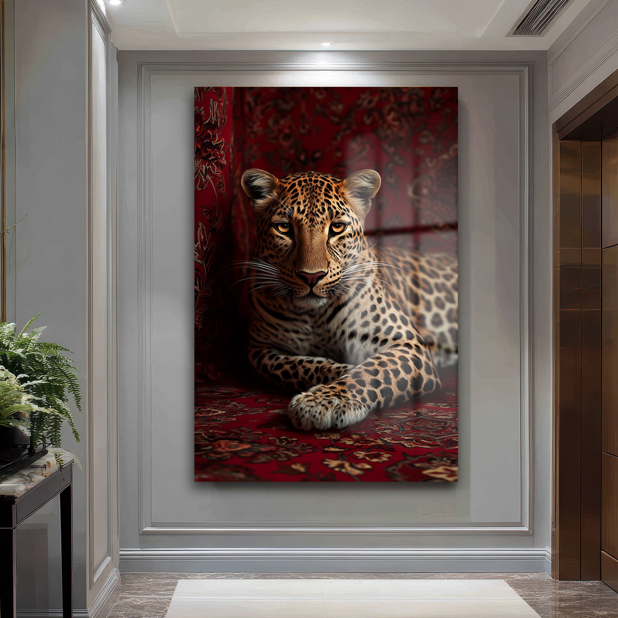 Asil Bakış: Leopar Temalı Lüks Kırmızı Temperli Cam Tablo