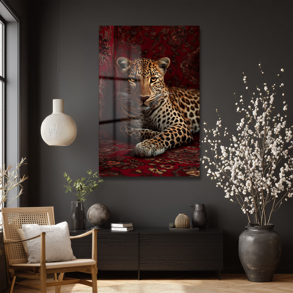 Asil Bakış: Leopar Temalı Lüks Kırmızı Temperli Cam Tablo