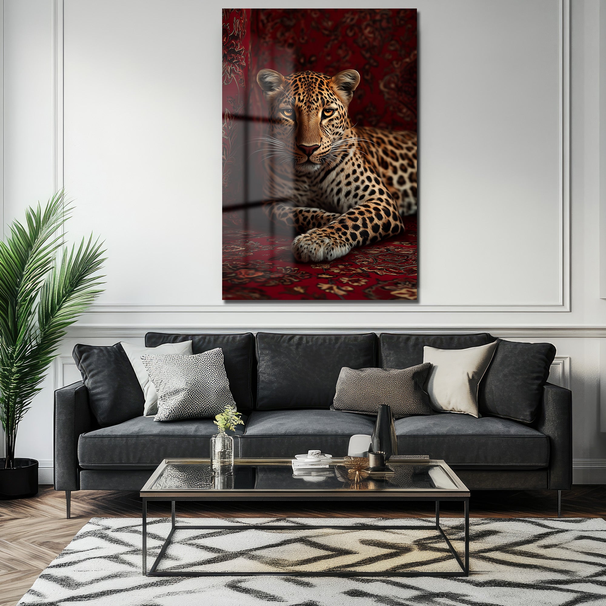 Asil Bakış: Leopar Temalı Lüks Kırmızı Temperli Cam Tablo