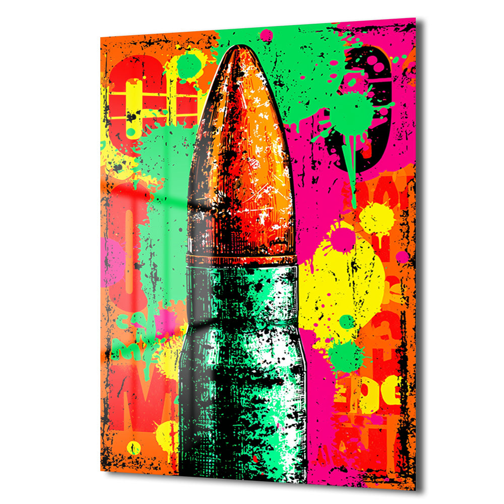 Enerjik Patlama: Pop Art Mermi Temalı Dekoratif Cam Tablo