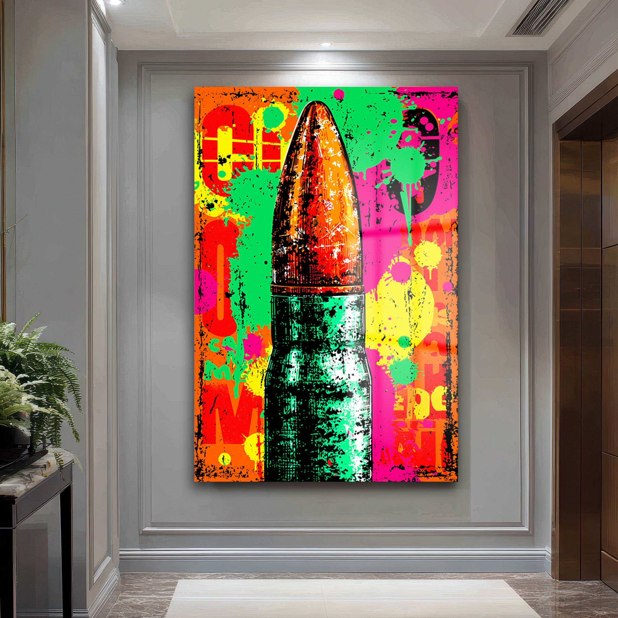 Enerjik Patlama: Pop Art Mermi Temalı Dekoratif Cam Tablo