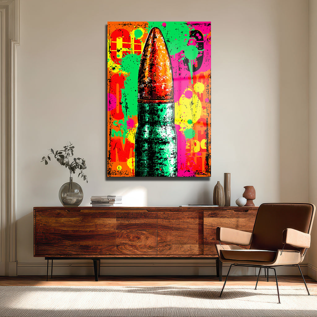 Enerjik Patlama: Pop Art Mermi Temalı Dekoratif Cam Tablo