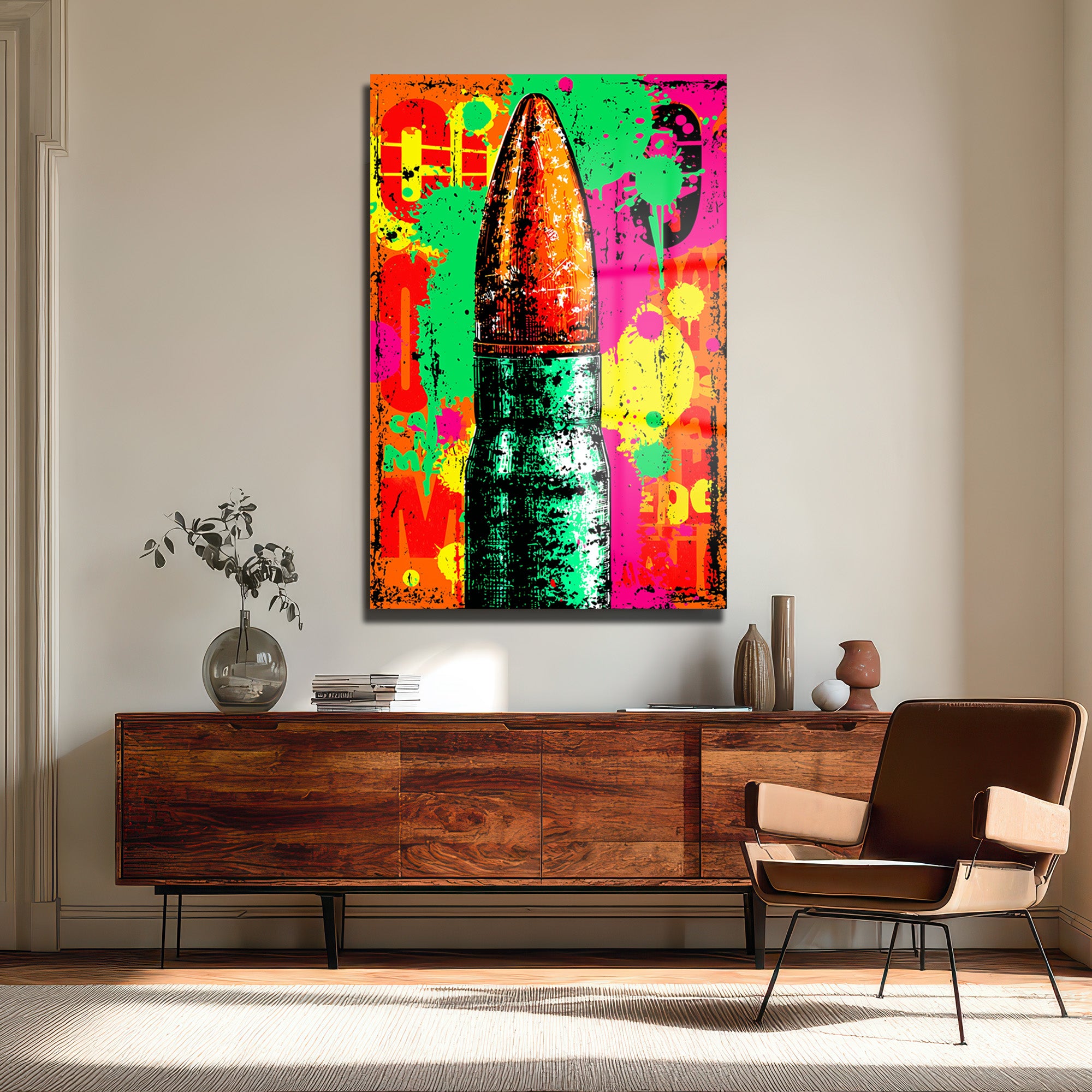 Enerjik Patlama: Pop Art Mermi Temalı Dekoratif Cam Tablo