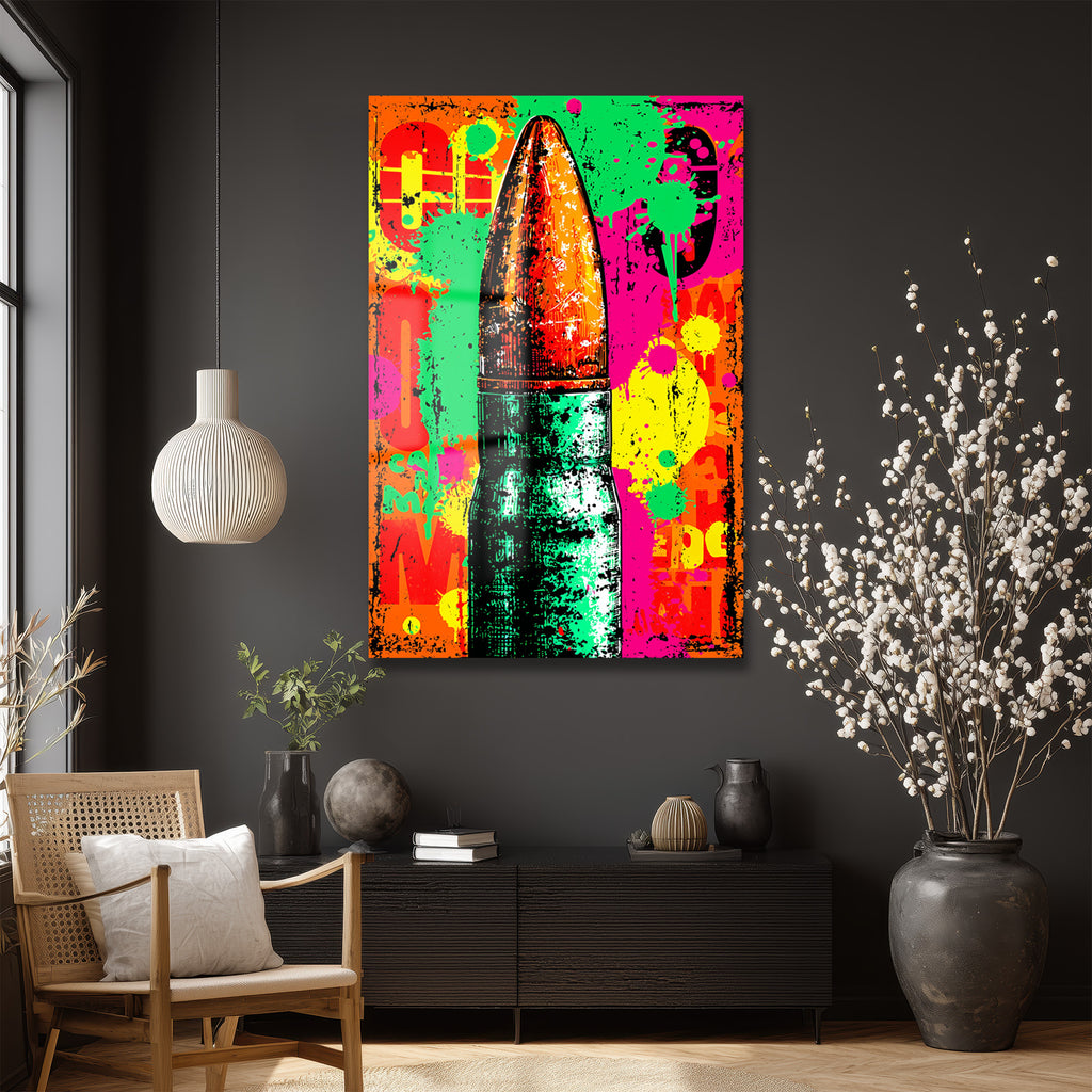 Enerjik Patlama: Pop Art Mermi Temalı Dekoratif Cam Tablo