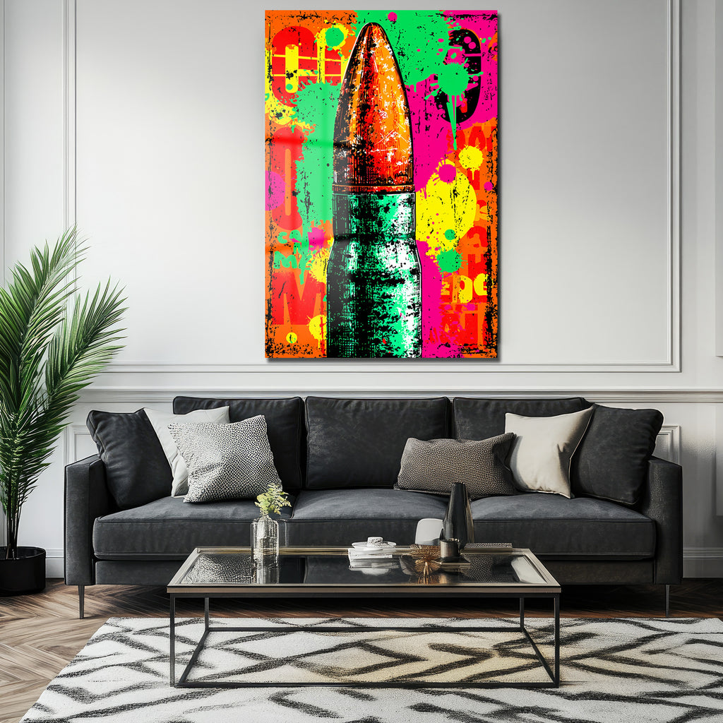 Enerjik Patlama: Pop Art Mermi Temalı Dekoratif Cam Tablo
