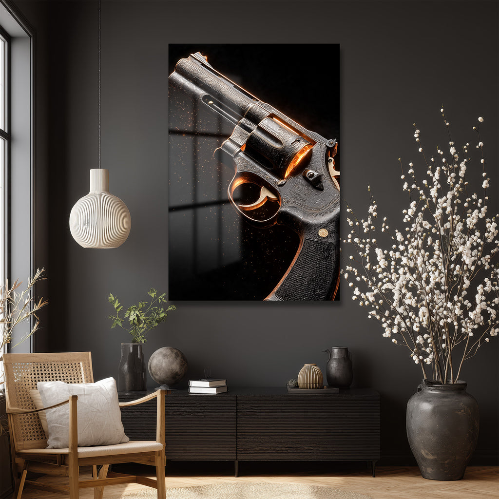 Altın Işıltılı Gravürlü Revolver Cam Tablo: Gücün Sanatsal Yansıması
