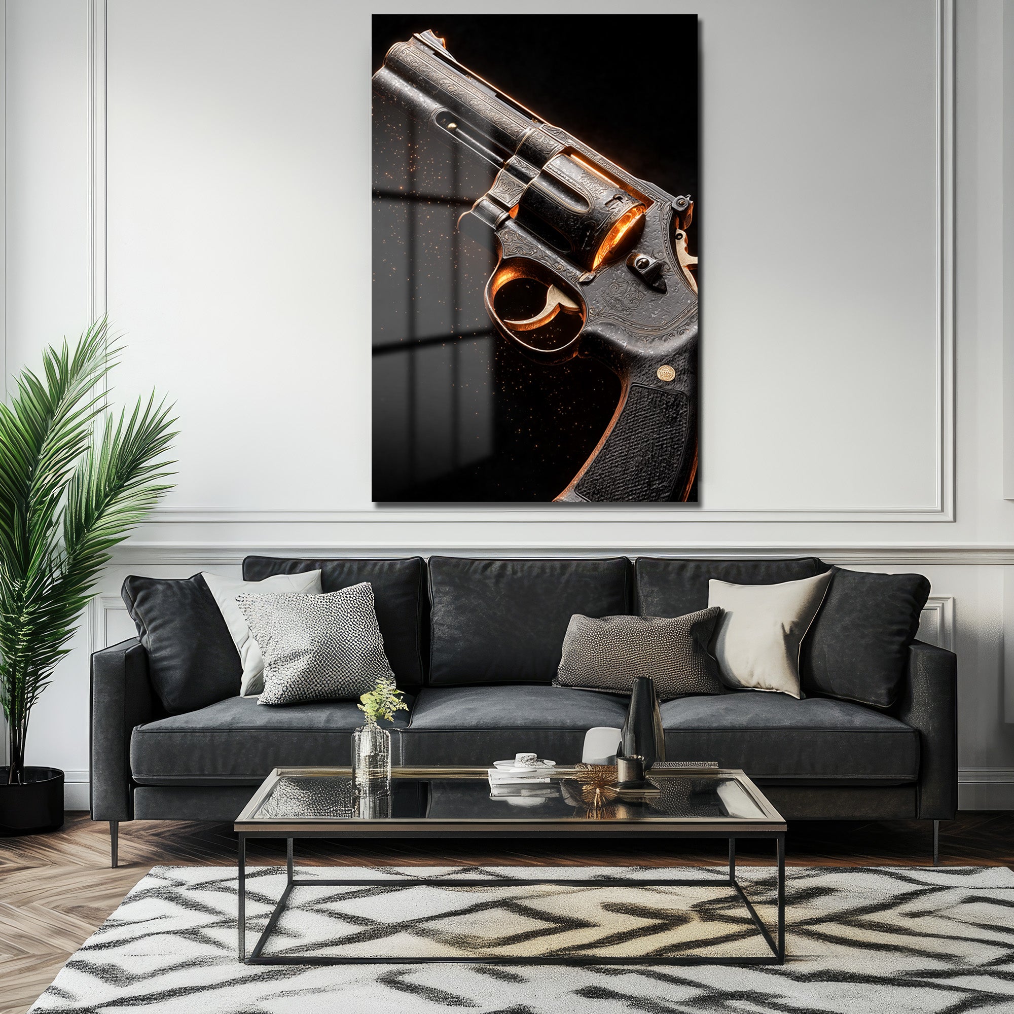Altın Işıltılı Gravürlü Revolver Cam Tablo: Gücün Sanatsal Yansıması