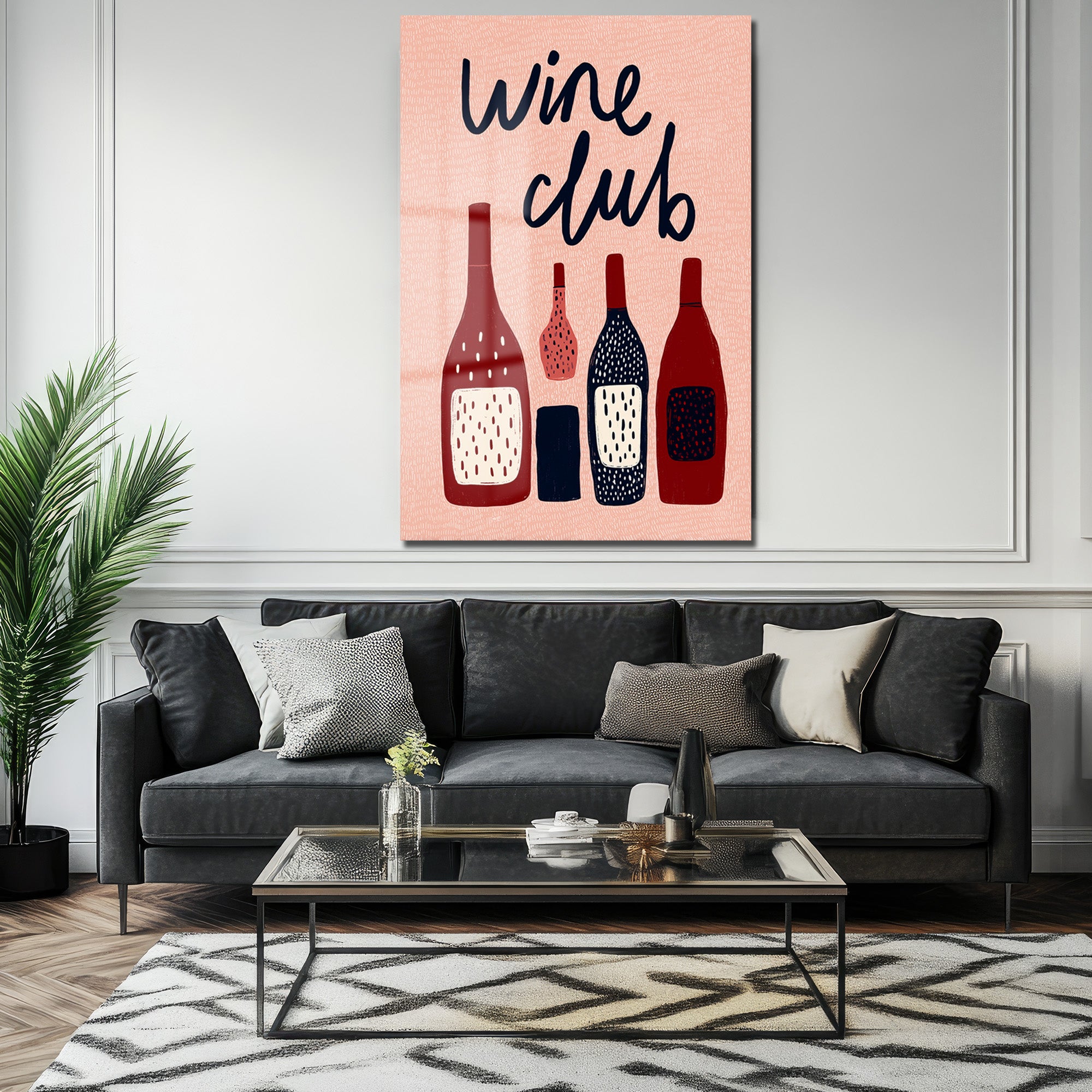 Wine Club Temalı Şık Cam Tablo: Modern Mutfak ve Salon Dekoru