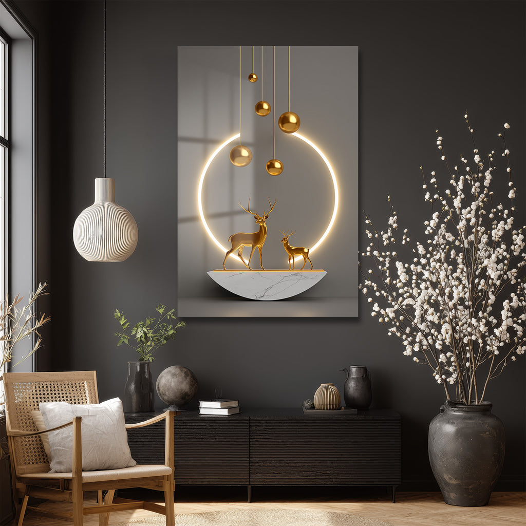 Altın Geyiklerin Işıltısı: Lüks Modern Cam Tablo