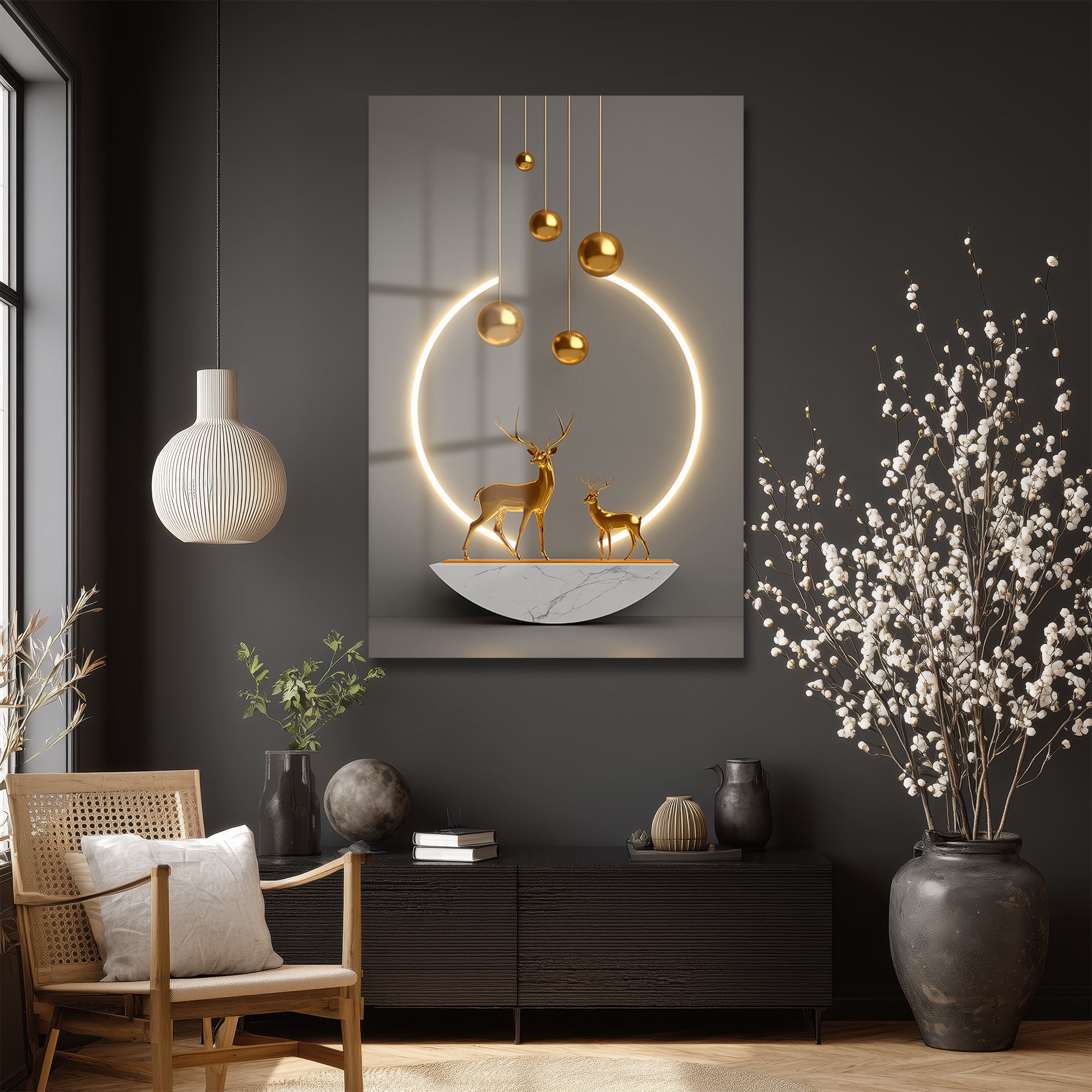 Altın Geyiklerin Işıltısı: Lüks Modern Cam Tablo