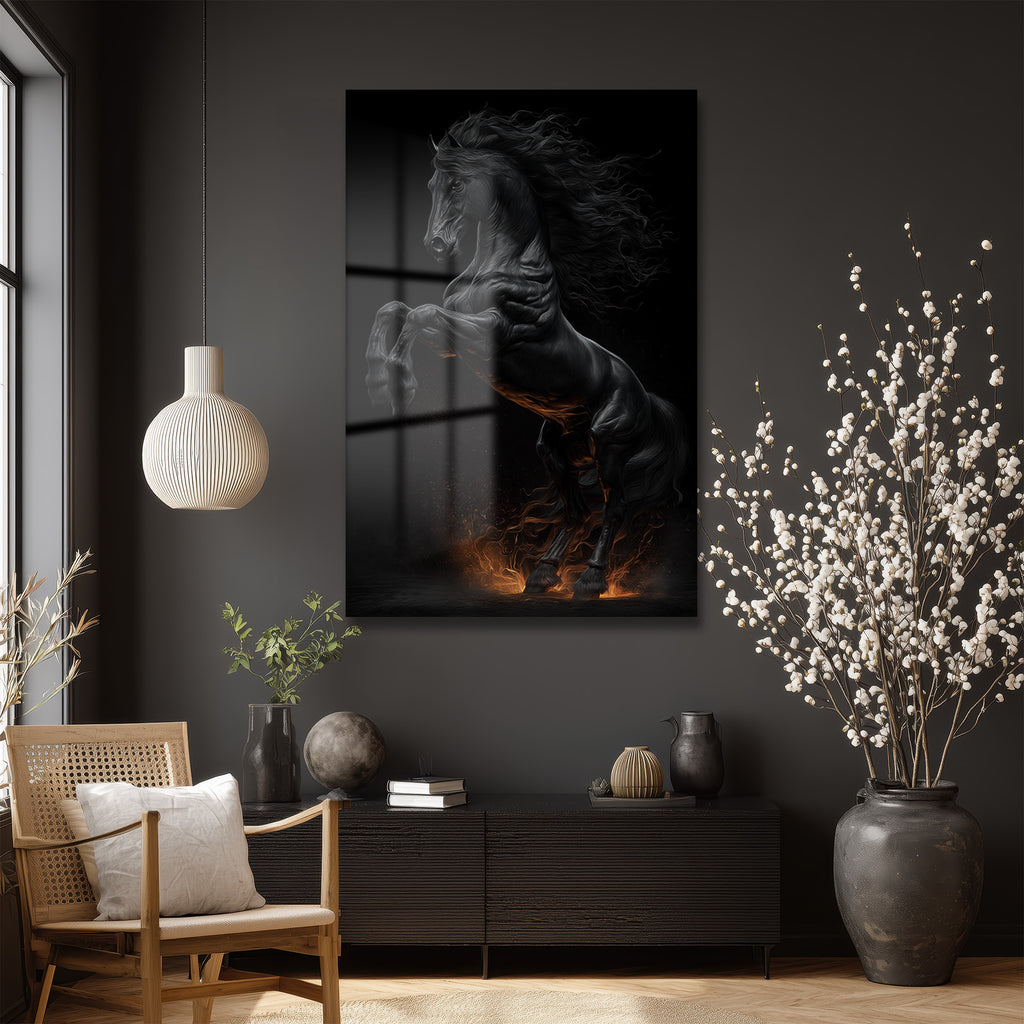 Yükselen Güç: Siyah At ve Ateş Temalı Modern Cam Tablo