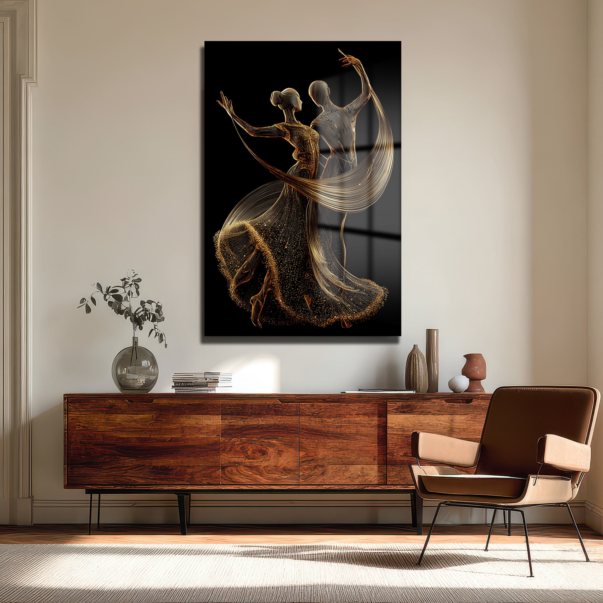 Altın Dans Senfonisi: Modern Soyut Cam Tablo
