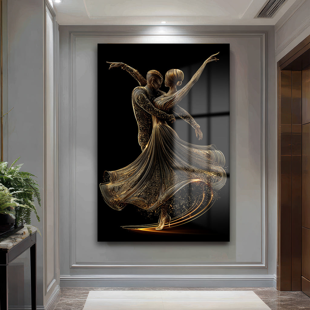 Altın Dansçılar: Modern Sanat Temperli Cam Tablo