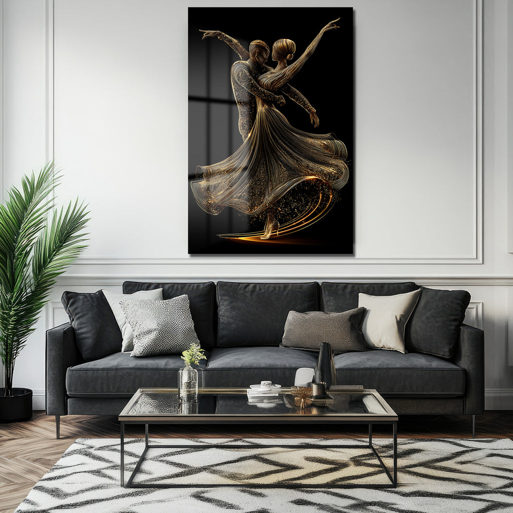 Altın Dansçılar: Modern Sanat Temperli Cam Tablo