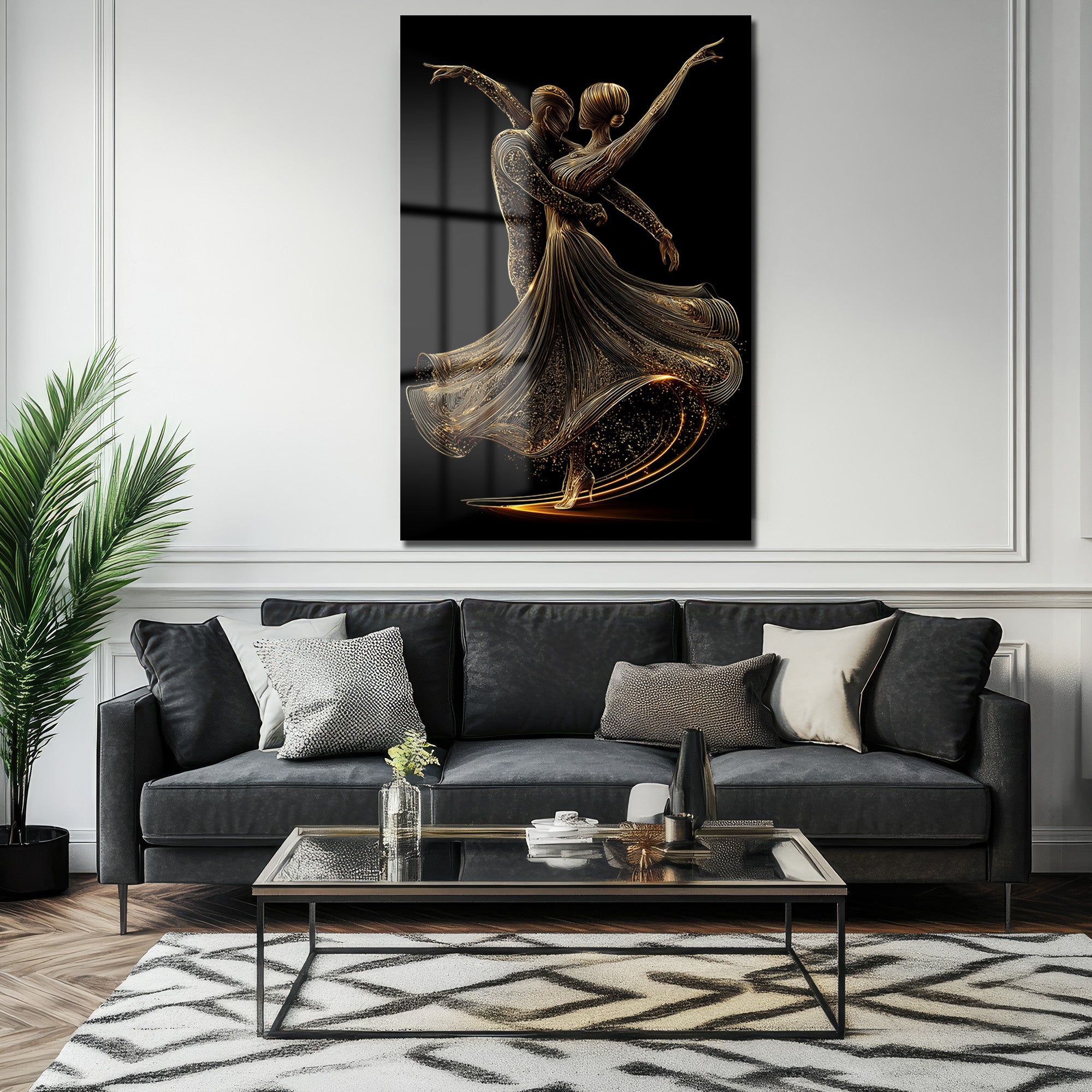Altın Dansçılar: Modern Sanat Temperli Cam Tablo