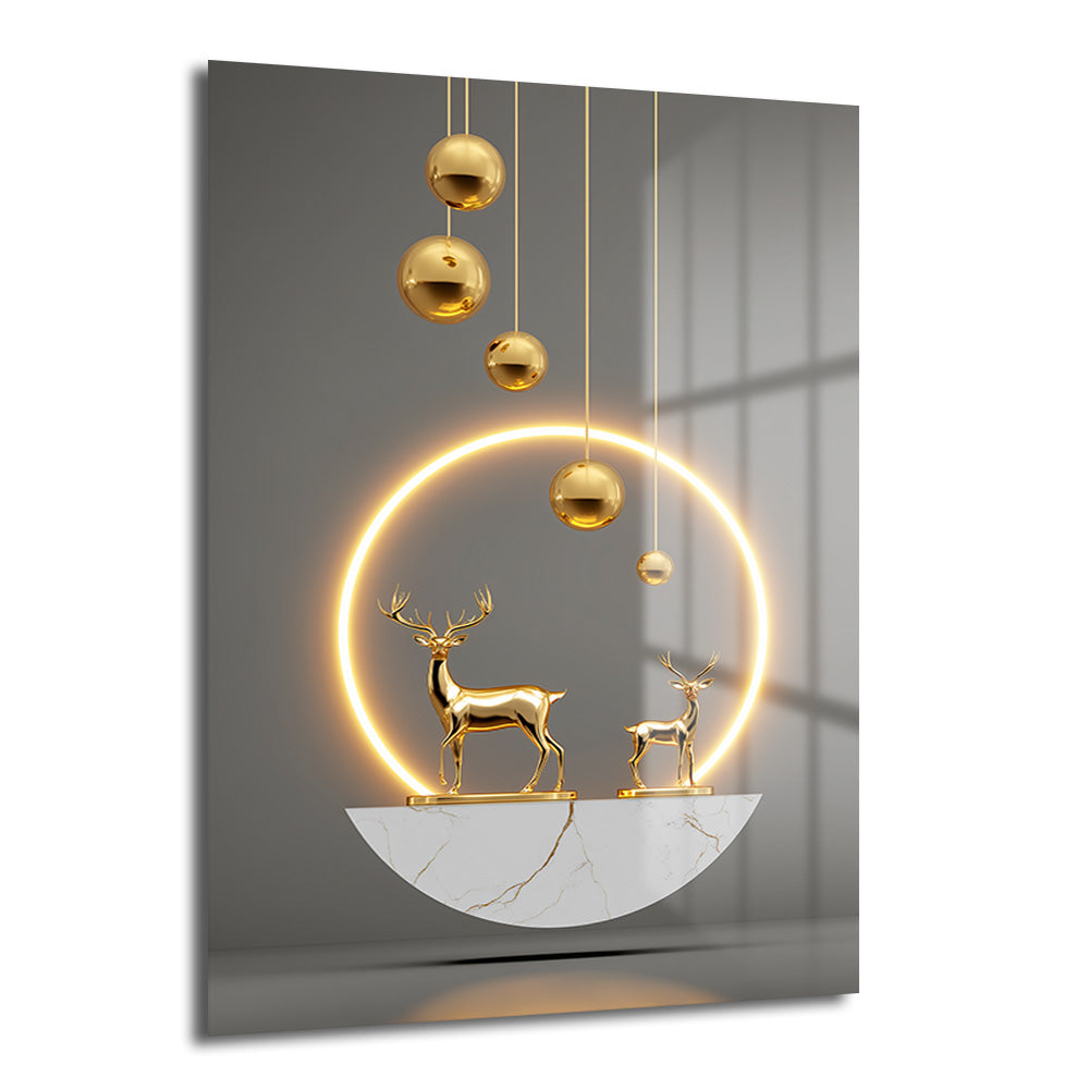 Gri zeminde altın renkli iki geyik figürü ve parlak neon sarı bir halka bulunan modern, lüks tasarımlı temperli cam tablo, salon duvar dekorasyonu için ideal.