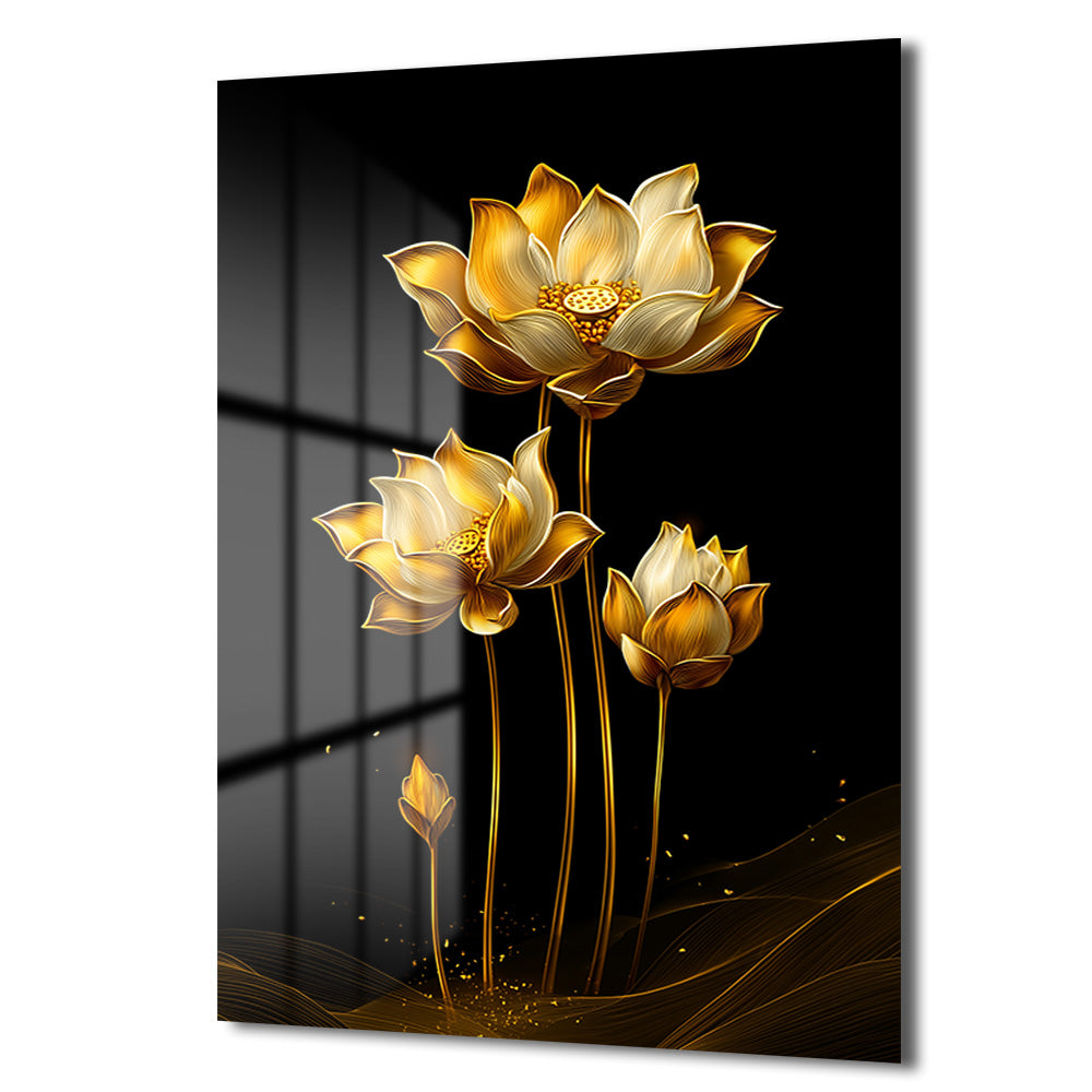 Altın Lotus Zarafeti: Siyah Fonlu Modern Temperli Cam Tablo