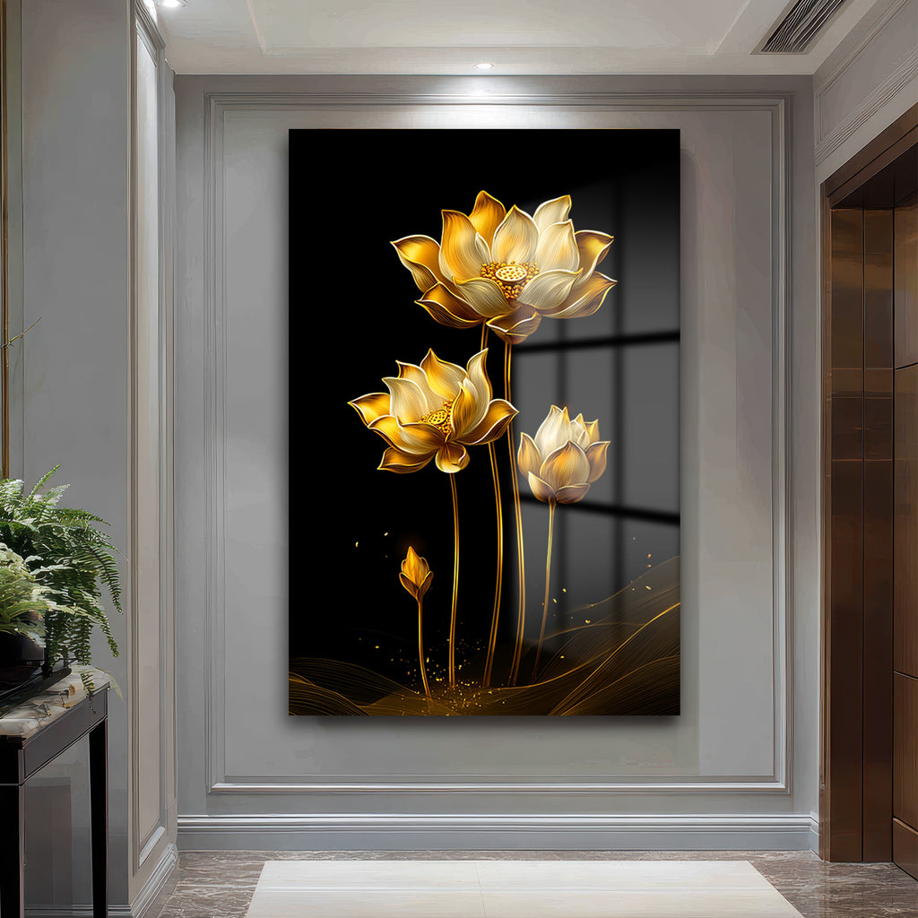 Altın Lotus Zarafeti: Siyah Fonlu Modern Temperli Cam Tablo