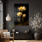 Altın Lotus Zarafeti: Siyah Fonlu Modern Temperli Cam Tablo